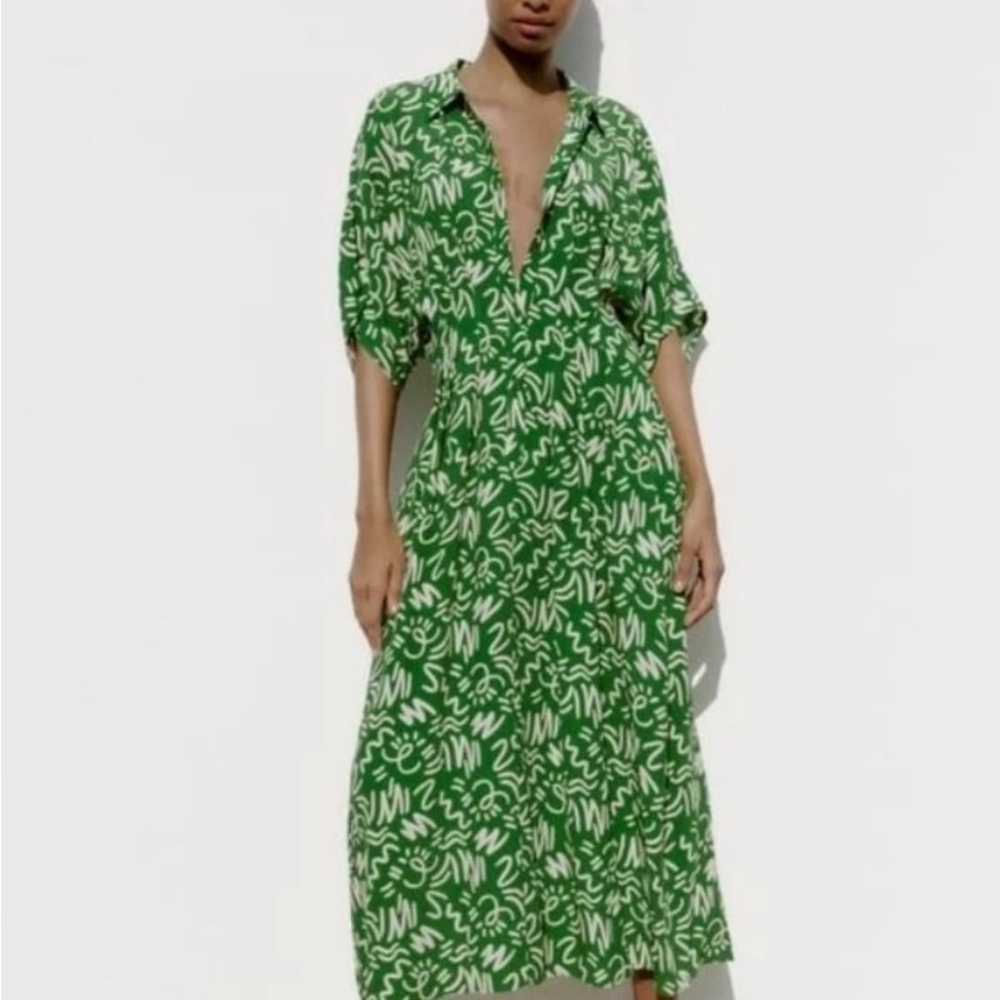 Zara Elora Green and White Midi Dress